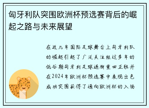 匈牙利队突围欧洲杯预选赛背后的崛起之路与未来展望