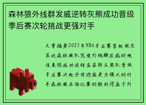 森林狼外线群发威逆转灰熊成功晋级季后赛次轮挑战更强对手